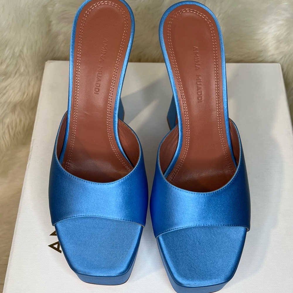Amina Muaddi Vibrant Blue Satin Babyblue